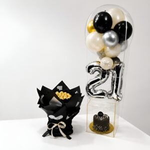 A 21st birthday celebration set including a chocolate bouquet, cake, and balloons, perfect for Birthday gift delivery Pakistan.