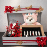 Romantic Anniversary Gift for Wife hamper featuring perfume set, teddy bear, and rose display