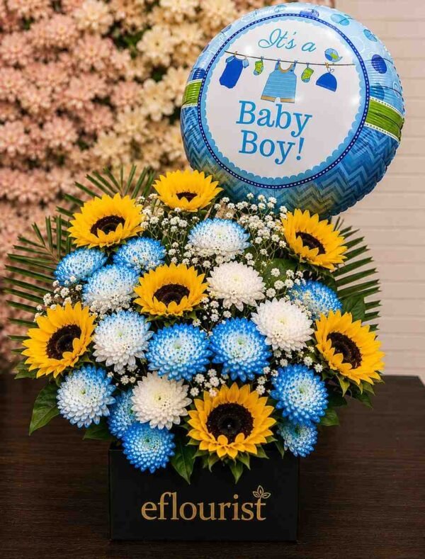 A celebratory flower box for a new baby boy, available for Baby boy gift delivery Lahore.
