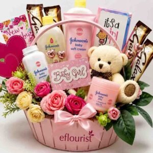 A curated baby girl gift basket available for Baby girl gift delivery Lahore.