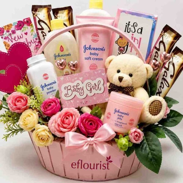 A curated baby girl gift basket available for Baby girl gift delivery Lahore.