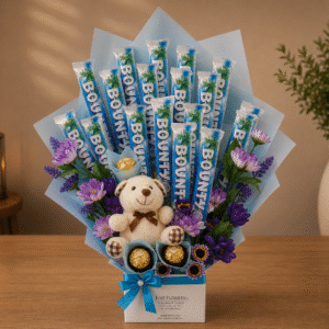 A Bounty chocolate and teddy bear bouquet for Gift delivery Lahore.