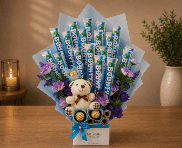 A Bounty chocolate and teddy bear bouquet for Gift delivery Lahore.