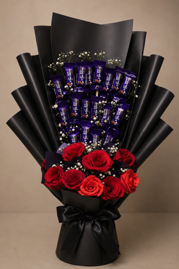 A luxurious chocolate and rose bouquet wrapped in black paper.
