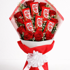 A gift set featuring 6 red roses and 5 KitKat bars wrapped for chocolate rose bouquet delivery.