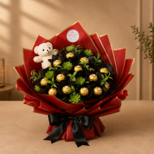 A chocolate and teddy bear bouquet available for Gift delivery Lahore.