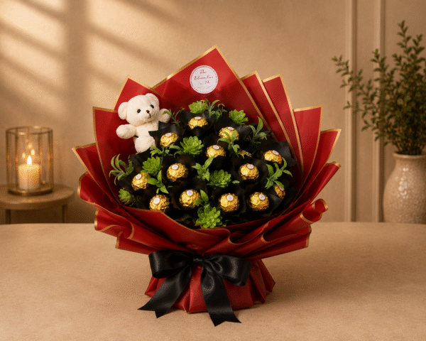 A chocolate and teddy bear bouquet available for Gift delivery Lahore.