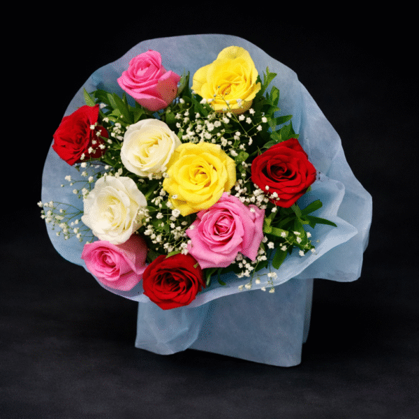 Vibrant Mixed Rose Delivery Lahore bouquet wrapped in pastel blue paper