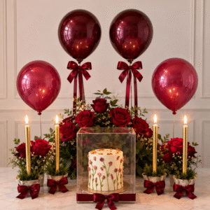 A romantic cake and flower setup, ideal for those sending Anniversary gifts to Pakistan USA.