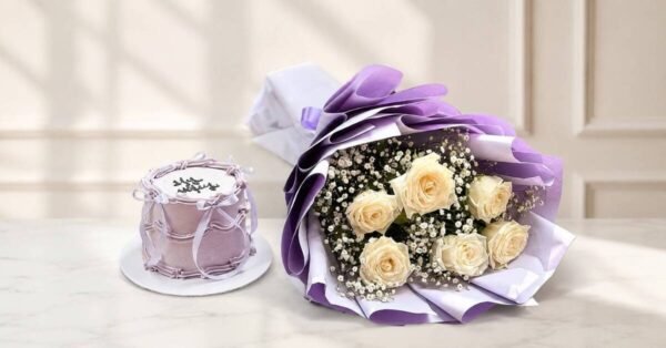 A lavender cake and white rose bouquet, perfect for those looking to send gifts to Lahore.