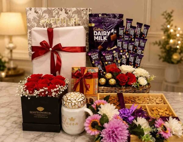 A luxury gift hamper with flowers, chocolates, and a mug, ideal for gifts for women in Lahore.
