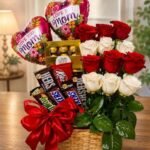 A gift basket with roses and chocolates, ideal for Mother's Day gifts Lahore.