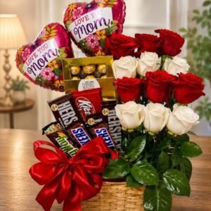 A gift basket with roses and chocolates, ideal for Mother's Day gifts Lahore.