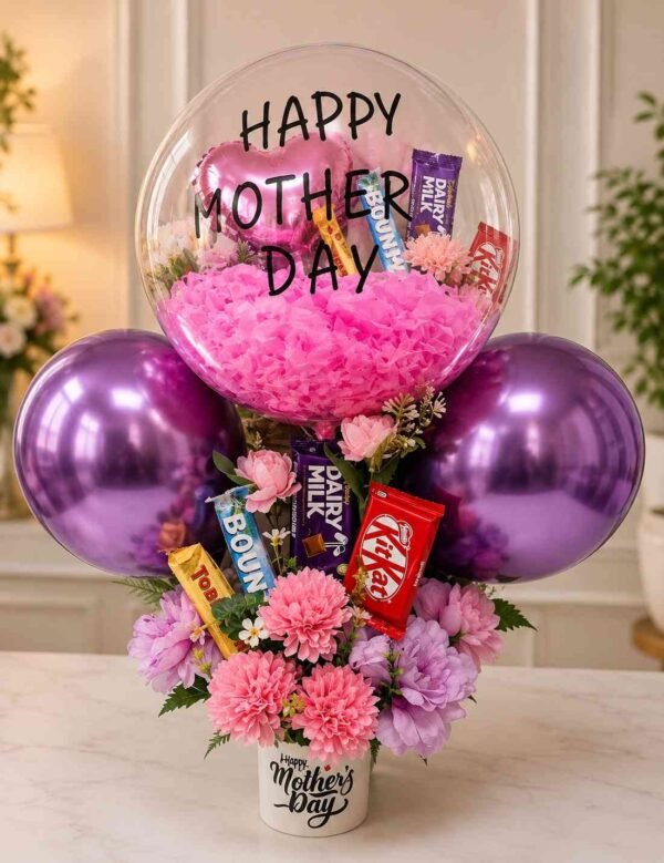 A festive Mother's Day balloon and chocolate hamper, perfect for Mother's Day delivery Lahore.