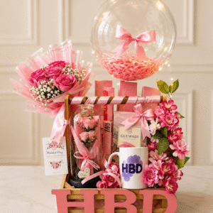 A beautiful pink birthday gift hamper for those looking to send Gift hampers to Pakistan from UK.