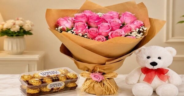 A Pink Romance Gift Set with roses, a teddy bear, and chocolates, ideal for gift delivery in Lahore.