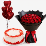 A festive gift set with a red rose bouquet, cake, and heart balloons for cake and bouquet delivery.