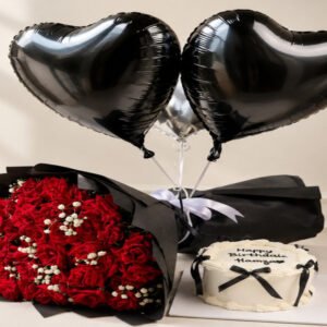 A red rose bouquet, heart balloons, and birthday cake perfect for those seeking Birthday gifts in Lahore.