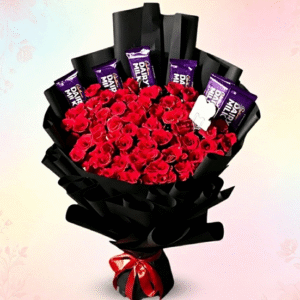 Red rose and Dairy Milk chocolate bouquet for birthday gift delivery in Lahore