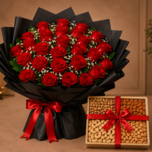 A red rose bouquet and mixed nut box set for Gift delivery Lahore.