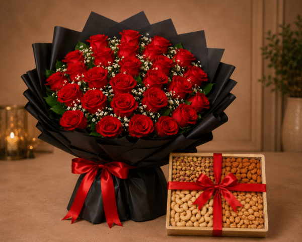 A red rose bouquet and mixed nut box set for Gift delivery Lahore.