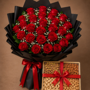A luxurious red rose bouquet paired with a premium mixed nut gift box.
