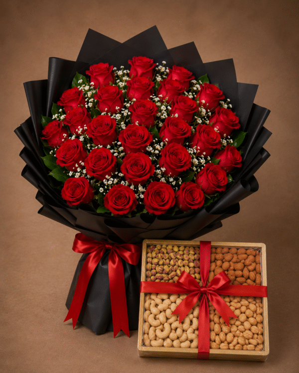 A luxurious red rose bouquet paired with a premium mixed nut gift box.