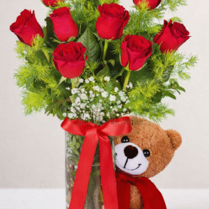 Fresh rose bouquet and teddy bear gift set for fast rose bouquet and teddy delivery.