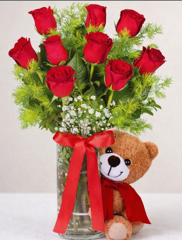 Fresh rose bouquet and teddy bear gift set for fast rose bouquet and teddy delivery.