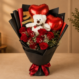 A red rose and teddy balloon bouquet for Gift delivery Lahore.