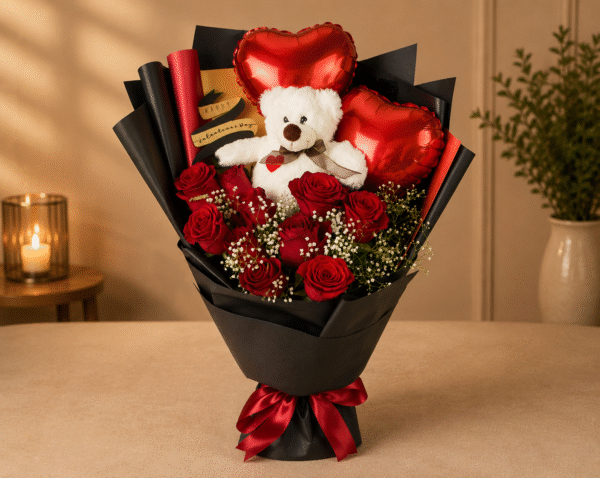 A red rose and teddy balloon bouquet for Gift delivery Lahore.