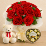 A rose bouquet, teddy bear, and chocolates set for Gift delivery Lahore.
