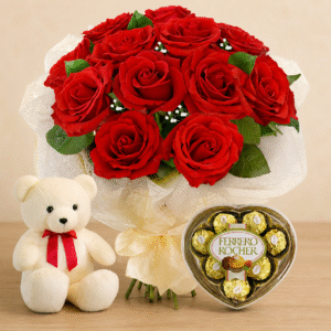 A rose bouquet, teddy bear, and chocolates set for Gift delivery Lahore.
