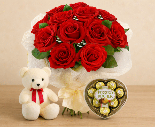 A rose bouquet, teddy bear, and chocolates set for Gift delivery Lahore.
