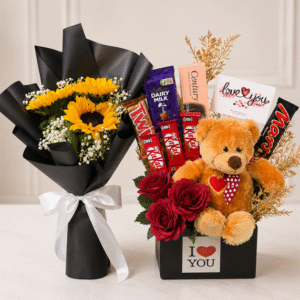 A luxurious gift set featuring sunflowers and chocolates for those looking to send Gift hampers to Pakistan from UK.