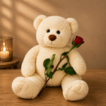 A soft teddy bear holding a red rose for Gift delivery Lahore.