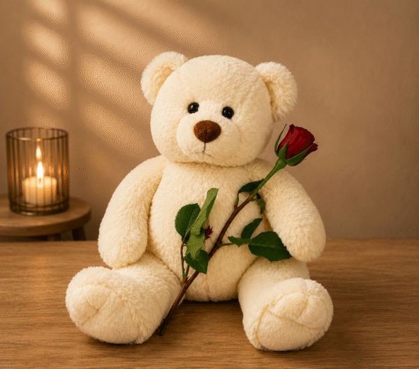 A soft teddy bear holding a red rose for Gift delivery Lahore.