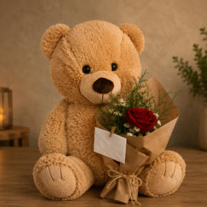 A cute teddy bear holding a rose bouquet for Gift delivery Lahore.