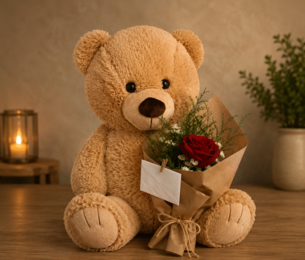 A cute teddy bear holding a rose bouquet for Gift delivery Lahore.