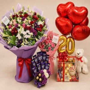An ultimate birthday gift combo featuring flowers and chocolates available for Birthday gift delivery Lahore.