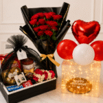 A luxurious birthday gift set featuring snacks, flowers, and balloons for those looking to Send cakes to Pakistan from USA.