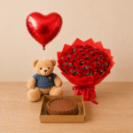 A red rose bouquet, cake, teddy, and balloon set for Gift delivery Lahore.