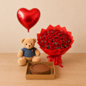 A red rose bouquet, cake, teddy, and balloon set for Gift delivery Lahore.