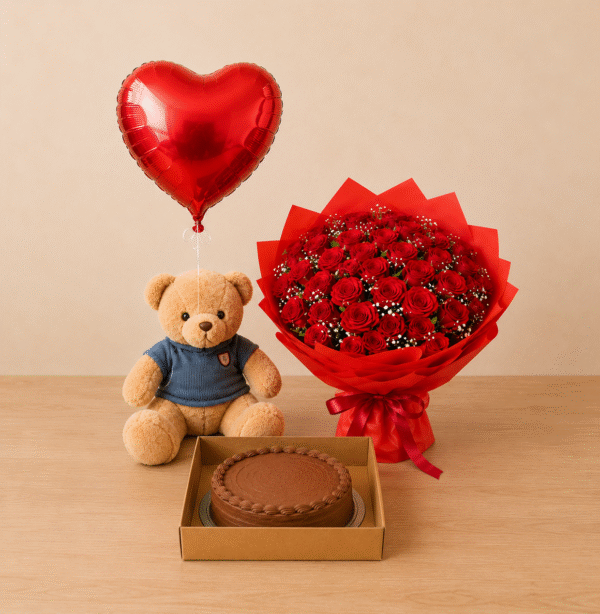 A red rose bouquet, cake, teddy, and balloon set for Gift delivery Lahore.