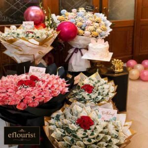 A stunning birthday cash bouquet featuring roses, available for Birthday gift delivery Lahore.