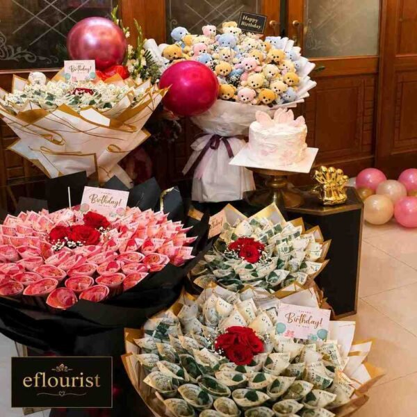 A stunning birthday cash bouquet featuring roses, available for Birthday gift delivery Lahore.