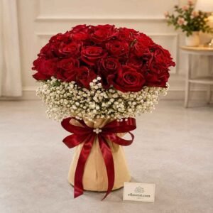 A luxurious bouquet of red roses and baby's breath from a professional flower shop in Lahore.