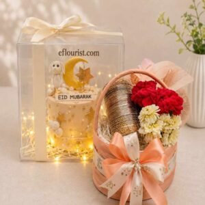 Eid-themed cake and floral basket set for special occasion gifts.