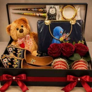 An elegant Eid gift hamper with handbag and khussa available for Eid gift delivery Lahore.