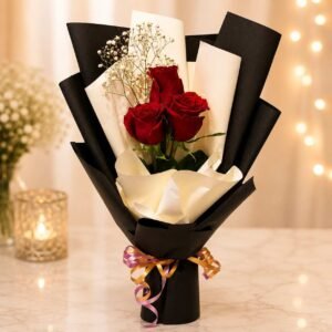 Three red roses bouquet professional floral services Lahore
